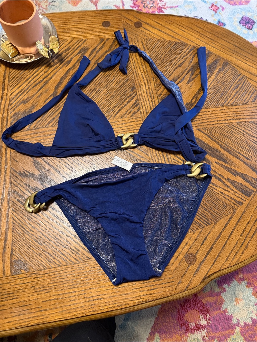 Women's Navy Blue Bikini Set with Gold Accent Hardware